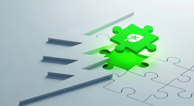 Green puzzle piece with leaf symbol completing a jigsaw, representing environmental solution and sustainable business strategy, isolated on white background - Powered by Adobe