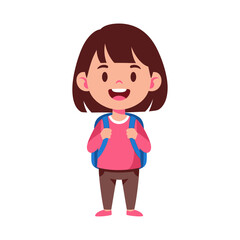 Obraz premium Cartoon illustration of a smiling young girl with a backpack, ready for school.