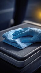 Travel Bubble and Quarantine Prep, blue-gloved hand disinfecting airplane tray table with microfiber cloth, reflecting airline hygiene protocols, health-focused transit measures