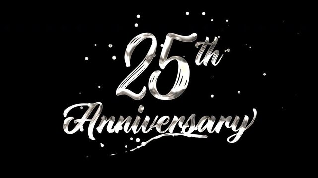 25th anniversary text animation in silver metallic effect. suitable for celebrating special occasions, invitations, anniversary cards and social media. Includes alpha channel for any background.