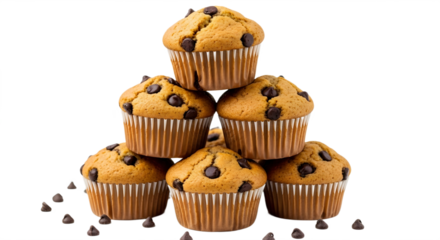A pyramid of six chocolate chip muffins in paper liners against a black background with chocolate chips