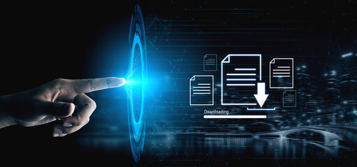 Visual representation of digital document downloading, showing file transfer, data access, and progress status for secure and efficient information retrieval Vouch