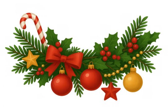 Christmas border garland decorating with pine branches, holly berries, ornaments, candy cane, bow and stars, transparent background