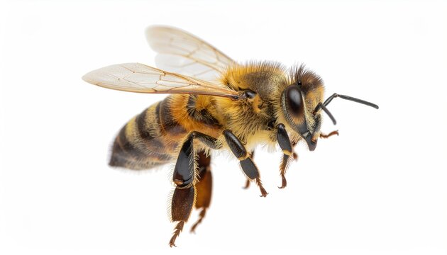 _Ultra-realistic macro photo of a stunning bee in mid-flight, isolated on a transparent background