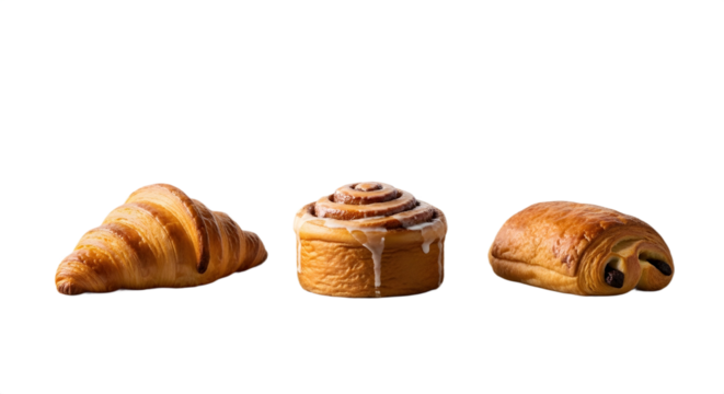 A croissant, a cinnamon roll with icing, and a chocolate croissant on a black background in a row