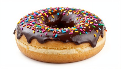 A donut with chocolate frosting and colorful sprinkles, isolated on white