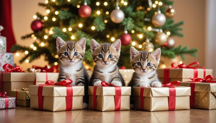 Ultra-realistic photo of adorable kittens getting ready for Christmas gift-giving.