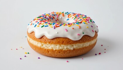 A donut with white chocolate frosting and colorful sprinkles, isolated on white