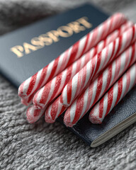 Early Holiday Travel at Airports, striped candy canes placed atop passport on cozy soft blanket, capturing joyful departure rituals, festive travel mood and seasonal anticipation in warm global