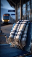 Warm accessories for holiday travelers, plaid wool scarf draped over station bench with arriving train in soft morning light, capturing cold-season commute, comfort layering, and transitional travel
