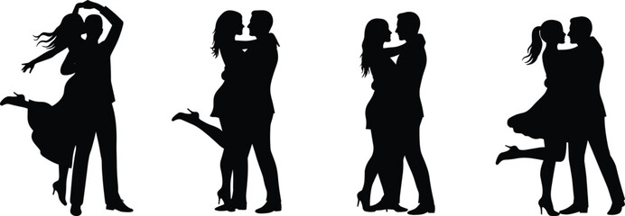 Romantic couple silhouette dancing, love embrace pose, passion dance illustration, black silhouette romance art, affectionate couple artwork, elegant dance movement