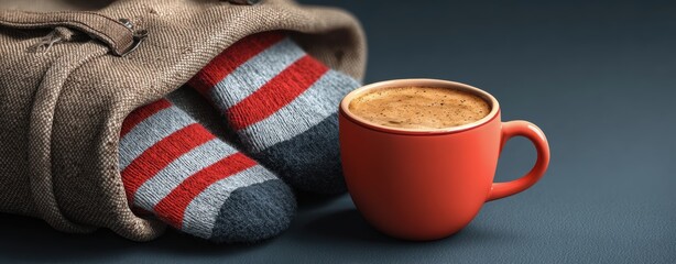 Warm accessories for holiday travelers, striped wool socks and cozy coffee scene styled in minimalist winter setting, capturing slow seasonal rest and indoor warmth for calm, comfort, and travel