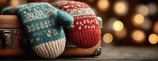 Warm accessories for holiday travelers, cozy knitted mittens resting on vintage suitcase, festive textures and nostalgic winter travel charm captured with glowing lights, highlighting comfort