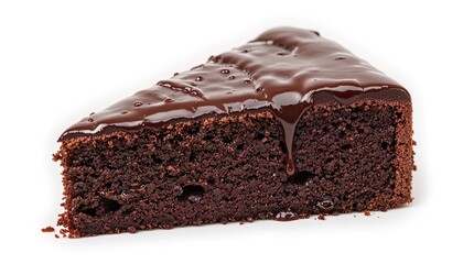 Slice of moist chocolate cake with glossy chocolate glaze on white plate, isolated on white background