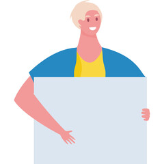 A Blonde Haired Person Wearing A Blue Cardigan Over A Yellow Top Holds A Light Blue Blank Sign With A Happy Expression On Their Face Against A Transparent Background