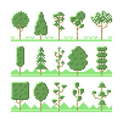 Collection of pixel trees with grass in classic game on white background.
