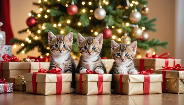 Ultra-realistic photo of adorable kittens getting ready for Christmas gift-giving.