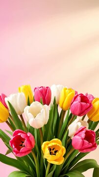 Colorful tulip bouquet on peach pink gradient with soft glow - cheerful spring vertical for greetings sales stories floral branding and gentle headers