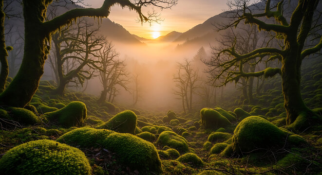 Mystical mosscovered forest with gnarled trees bathed in golden sunrise mist.