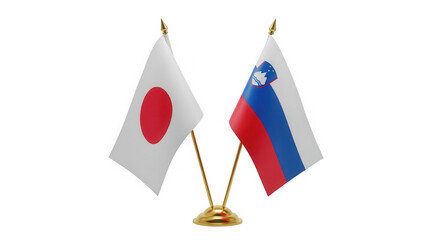Two small table flags japan and slovenia side by side friendship diplomacy partnership isolated on transparent background