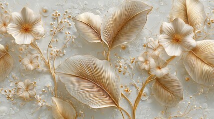 White and Gold Floral and Leaf Embossed Pattern