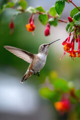 Fototapeta premium Blurred wings of a hummingbird flying near flowers in a garden