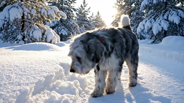 A happy shaggy dog walks on a snowy path in a winter forest. An Old English Sheepdog enjoys a sunny day outdoors. Pet adventure in nature