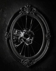 Obraz premium Broken mirror in an ornate black frame against a dark background