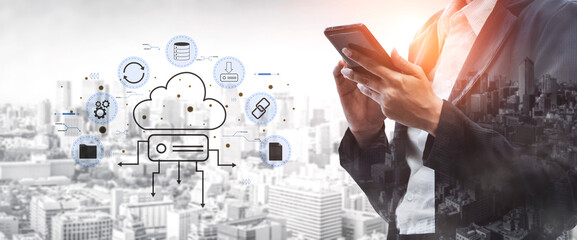 A cloud storage and data synchronization service ecosystem. A concept of cloud computing for file...