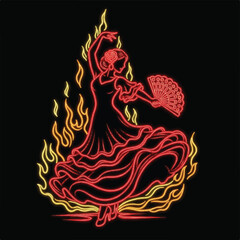 Fiery flamenco dancer illustration in neon style.