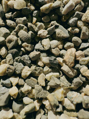 A close-up, full-frame view of a surface covered with small, naturally coloured grey and tan gravel stones, highlighted by strong side light.