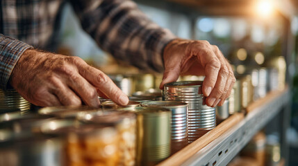 Winter Preparations Begin, elderly hands arranging canned food on pantry shelf in rustic light, reflecting rural resilience, sustainable food provisioning and mindful household readiness