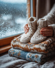 Winter Preparations Begin, hands gently holding soft knit baby booties above stacked cozy sweaters by rain-speckled window, reflecting seasonal warmth, family care rituals