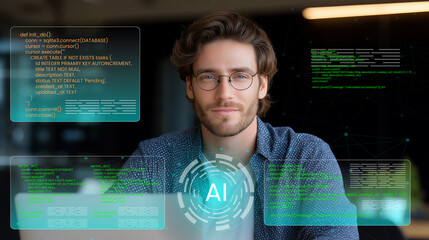a software engineer working on software development or computer programming using advance digital tools or artificial intelligence, AI programmer digital data science 