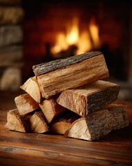 Winter Preparations Begin, firewood stacked on rustic wood surface with glowing fireplace behind, capturing seasonal heating rituals, cozy indoor resilience and traditional cold weather preparation