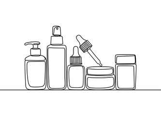 Minimalist Line Art of Cosmetic Products for Skincare and Beauty Routine Illustrating Essential Daily Care Items and SelfCare Aesthetics