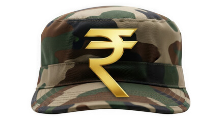 Golden indian rupee symbol on camouflage military cap representing financial security isolated on transparent background