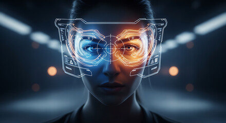 Futuristic human face merged with digital glitches and virtual reality goggles