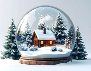 A cozy winter scene inside a snow globe, showcasing a cabin among snowy trees