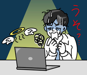 パソコントラブルと若い男性会社員のシンプルイラスト