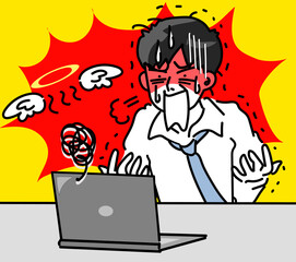 パソコントラブルと若い男性会社員のシンプルイラスト