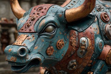 Wall Street bull fused with robotic parts, dramatic 3D,