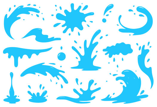 Dynamic cartoon vector water splash collection in bright blue. Includes various liquid motion shapes: splatters, droplets, ripples, waves, bursts, and drips
