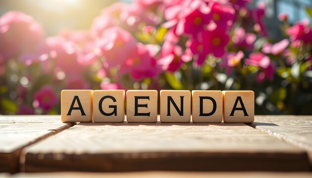 The word AGENDA spelled out with wooden letter tiles on a rustic surface with a floral background. - Powered by Adobe
