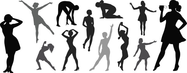 Female silhouette set, dancing poses, expressive movement, body language, black shadow figures, isolated women, white background, graceful stance, artistic gesture, elegant posture