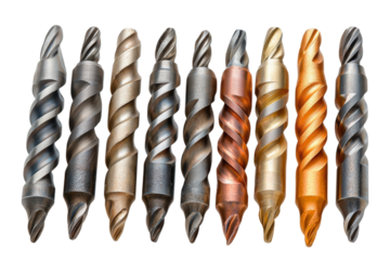Close up of various metal drill bits showing different finishes and spiral flutes on transparent background