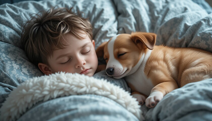 A boy and his puppy sleeps together in the bed at home. 