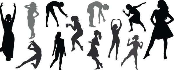 Female silhouette collection, dancing poses, expressive movement, body language, artistic gesture, black shadow figures, isolated women, white background, dynamic stance, elegant posture