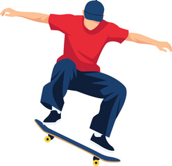 Fototapeta premium Skateboarder performing a trick, arms outstretched, wearing a red shirt and blue pants.