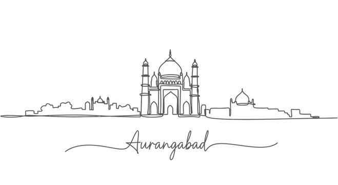 Aurangabad Skyline Line Art with Bibi Ka Maqbara Landmark